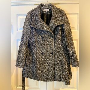 CALVIN KLEIN SIZE LARGE BLACK/WHITE SPECKLED DOUBLE BREASTED WOOL BLEND POCKETS